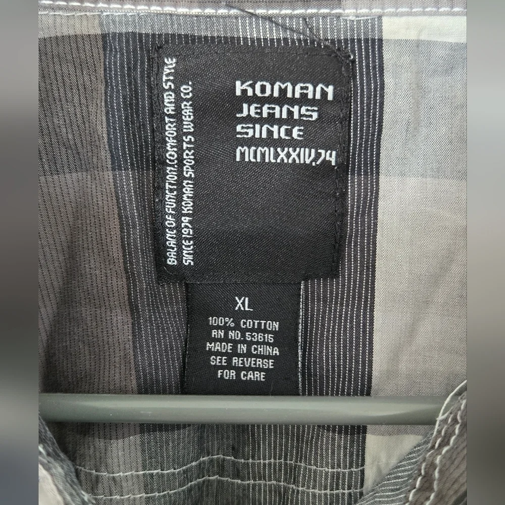 Koman Jeans Gray Plaid Button Down Shirt Size XL 100% Cotton